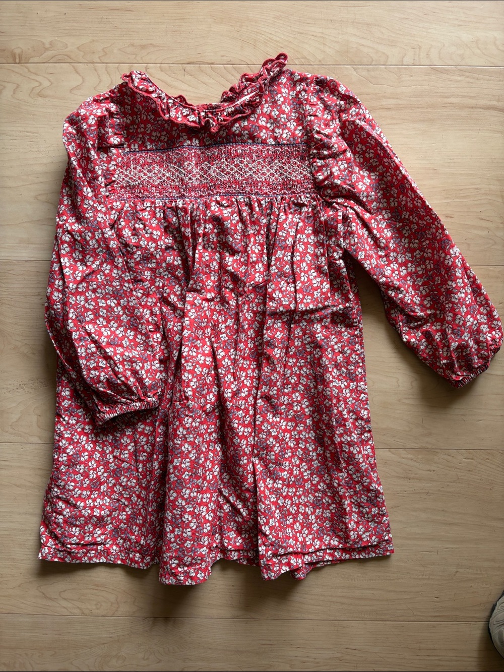 H&M Red Floral Smocked Dress with Ruffle Neck